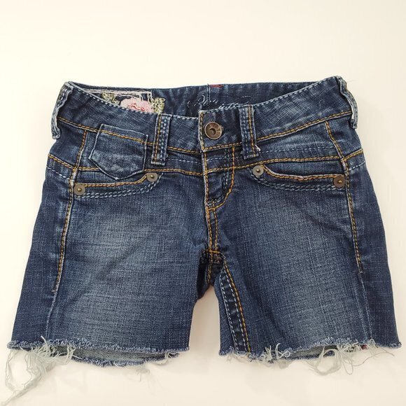 Blue Tattoo Jean Shorts 24 Cut Off Embroidered Den - Picture 2 of 7